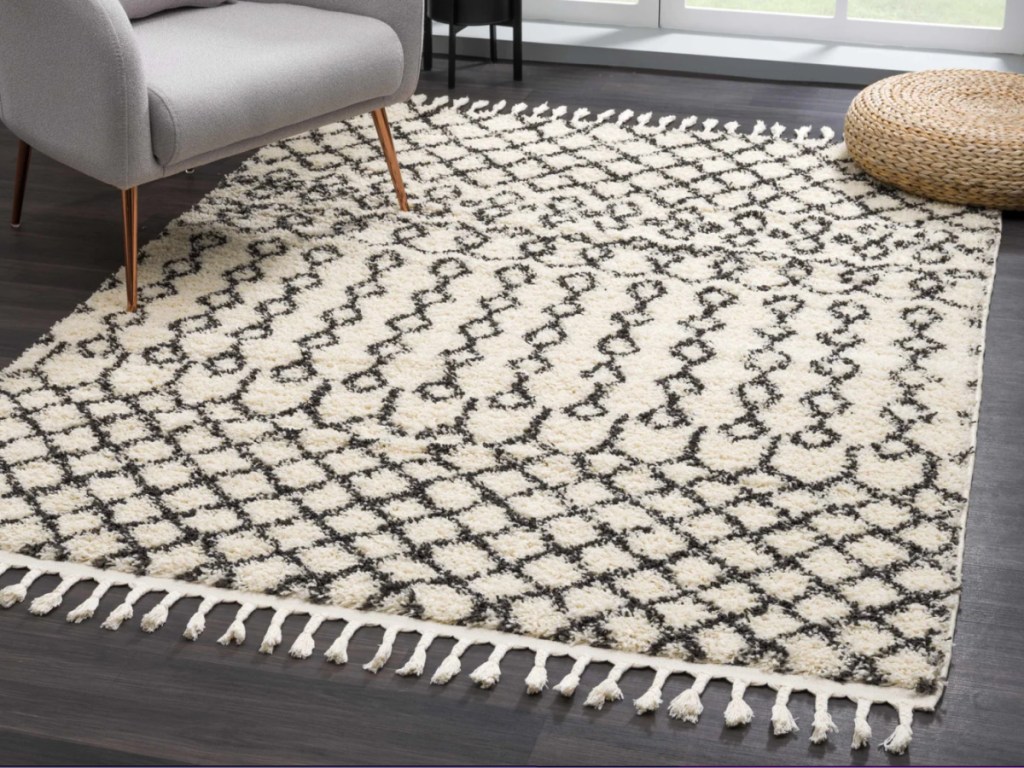 black and white shag rug under chair