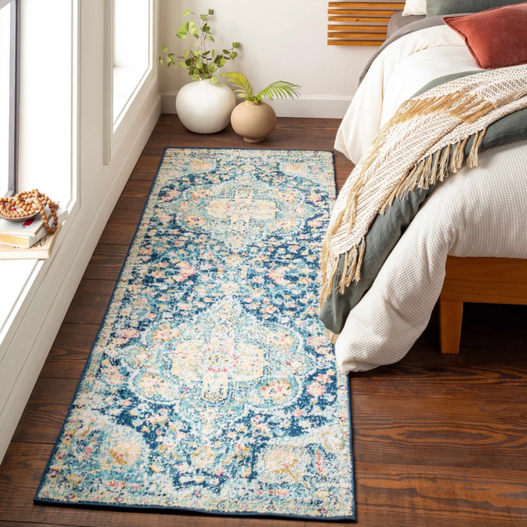 blue moroccan rug runner in bedroom