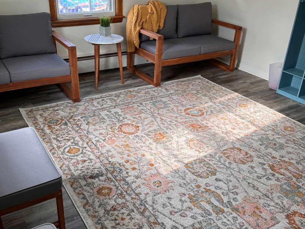 pink and grey floral patterned rug under two chairs