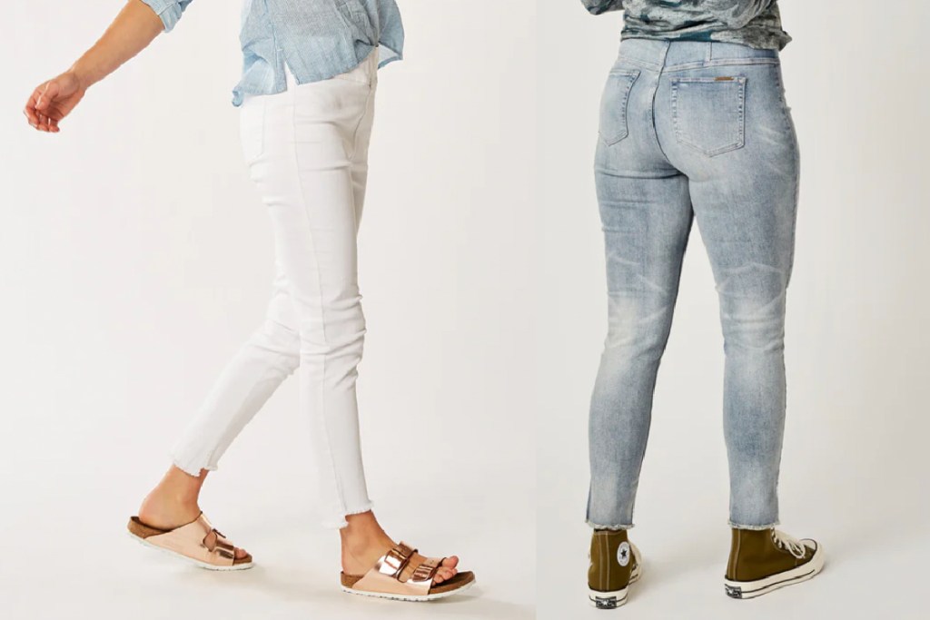 women wearing white and denim jeans