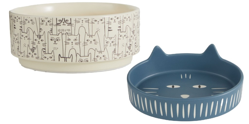 white sketch cat bowl and blue cat ear saucer