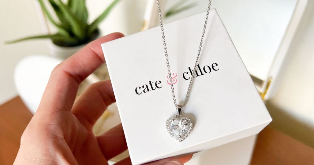heart shaped cate and chloe amora necklace displayed on the top of a gift box