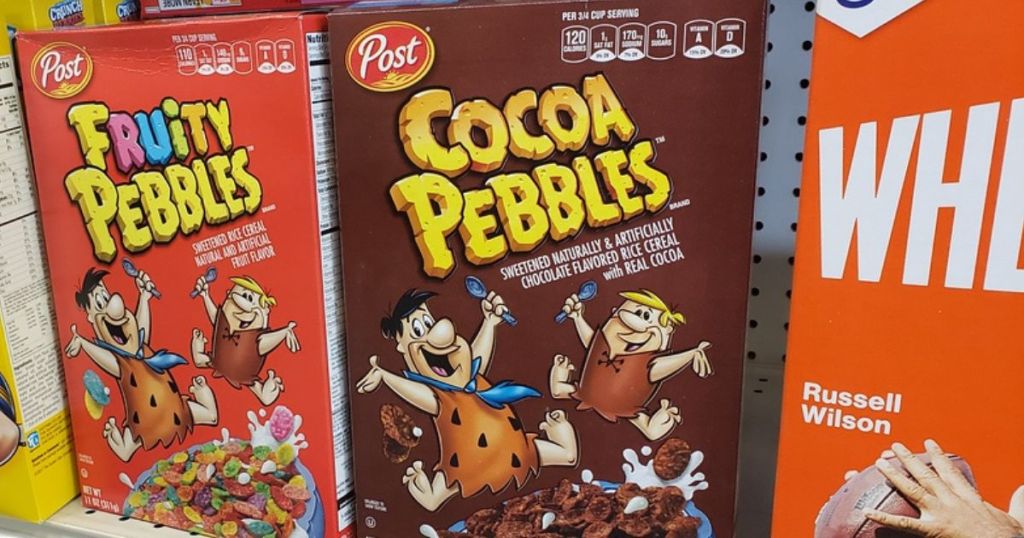fruity pebbles and cocoa pebbles cereals on store shelf