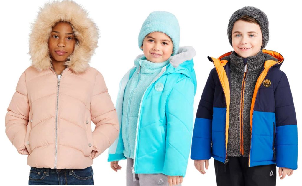 three kids wearing coats from costco kids outerwear selections