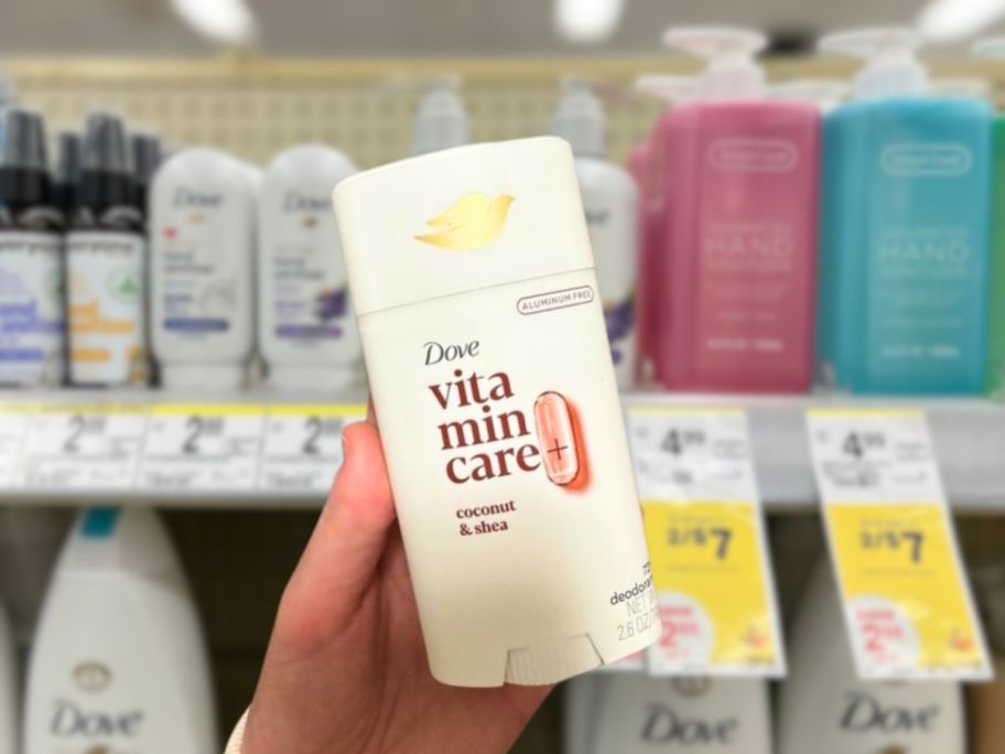 dove vitamincare deodorant being held up in store