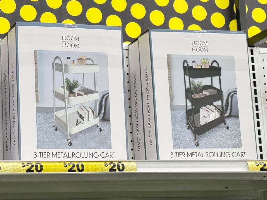 3-Tier Metal Rolling Cart boxes on shelf in store