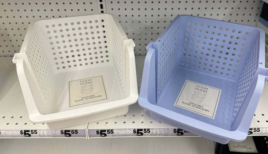 Large Stackable Plastic Storage Bins on shelf in store