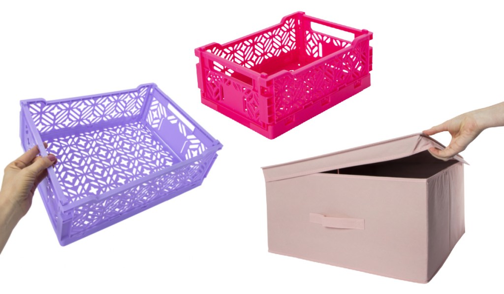 various storage bins in different colors