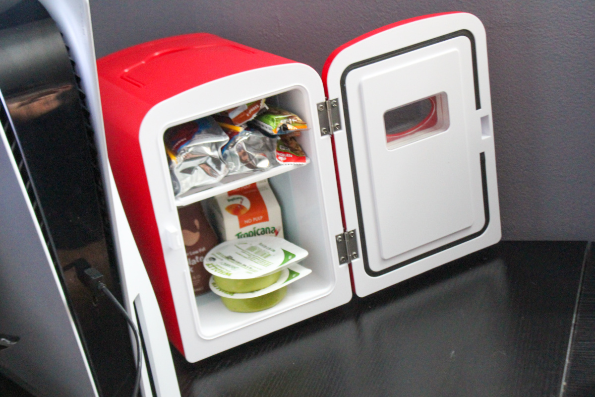 frigidaire mini fridge with snacks inside
