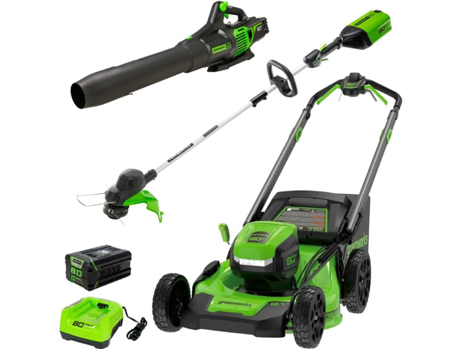 green and black lawn mower, string trimmer, leaf blower, charger, and battery