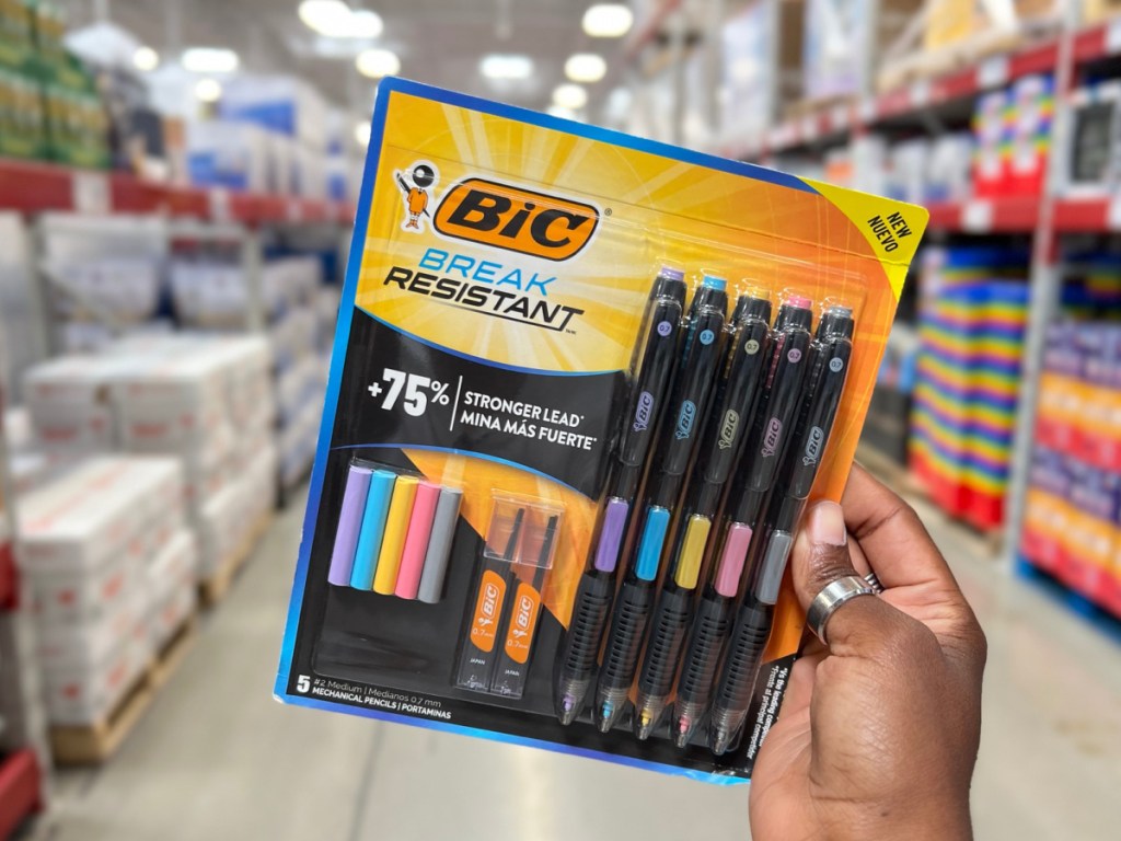 hand holding BIC Break-Resistant No. 2 Mechanical Pencils with Erasers 5-Count Pack