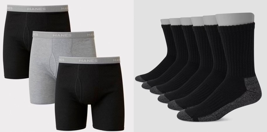 three pairs of mens boxers and black socks 