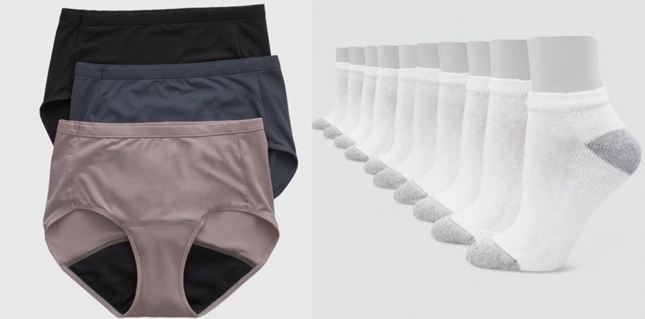three pairs of womens underwear and white socks 