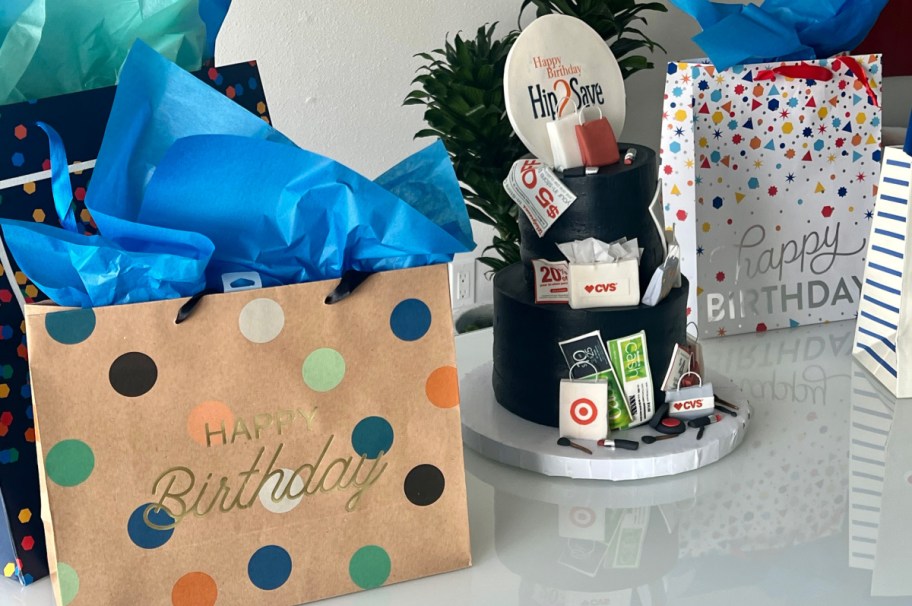 happy birthday gift bag and Hip2Save tiered birthday cake