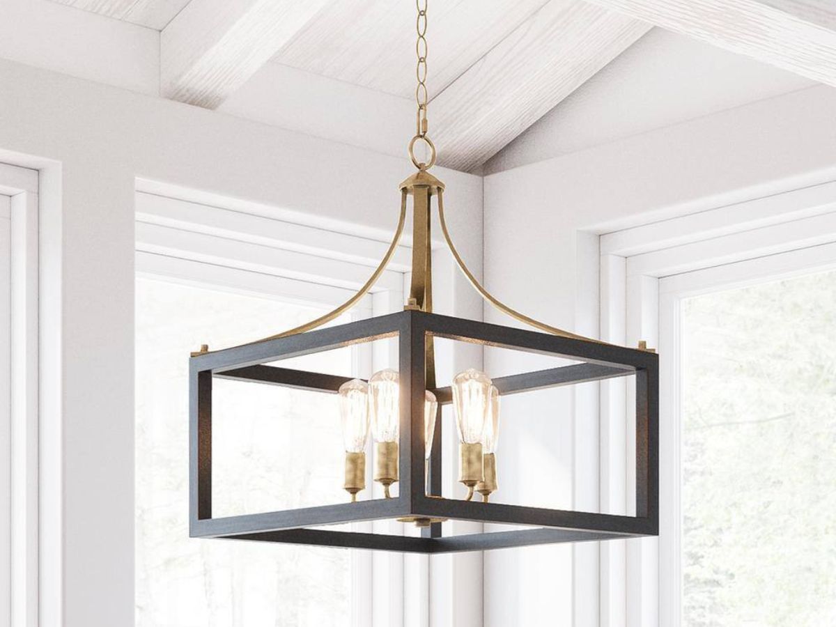 5-Light Gold Square Chandelier w/ Black Distressed Wood Accents hanging from white ceiling