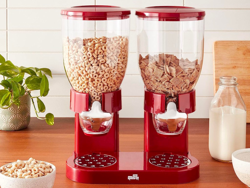 red honey can do cereal dispenser on counter