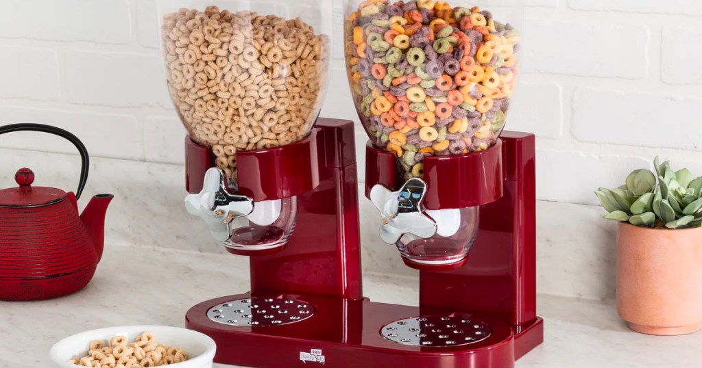 red honey can do cereal dispenser on counter