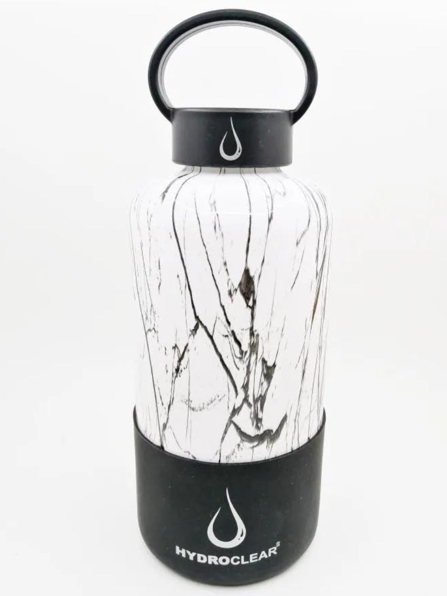 A black and white water bottle