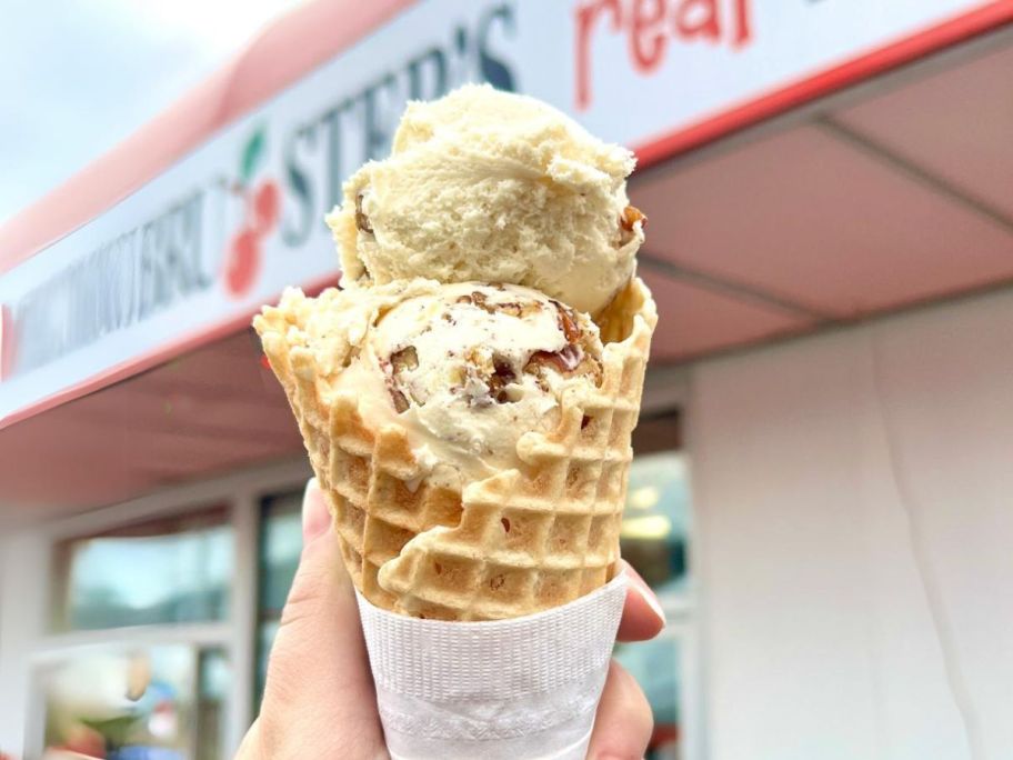 hand holding ice cream waffle cone