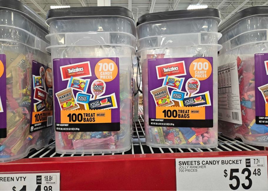 a 700 count tub of assorted halloween candies on a store shelf
