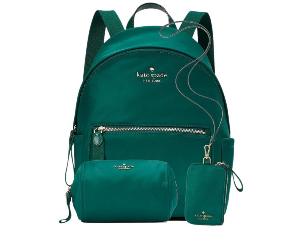 green kate spade backpack with matching cosmetic bag