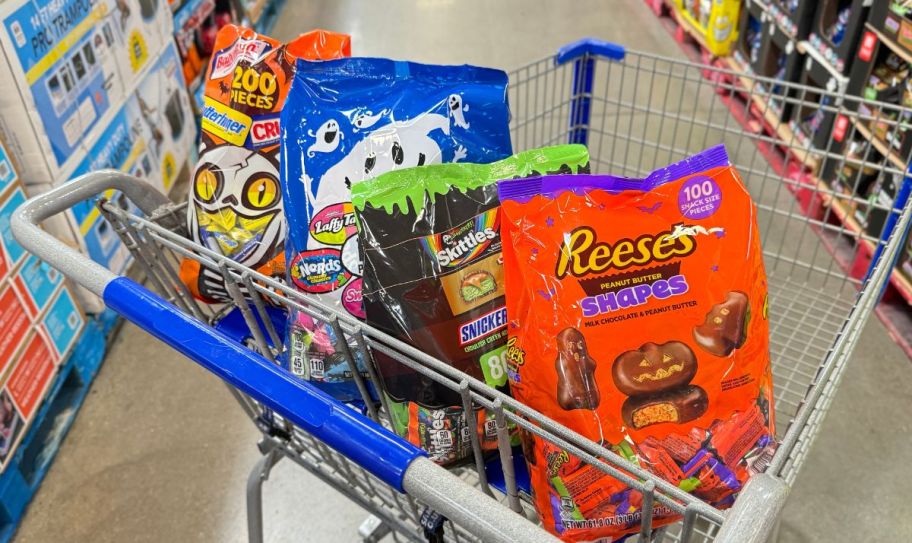 a sams club shopping cart with 4 large mixed bags of halloween candy