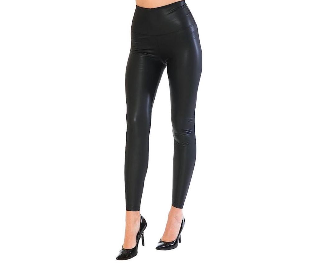 stock photo of woman wearing black faux leather leggings