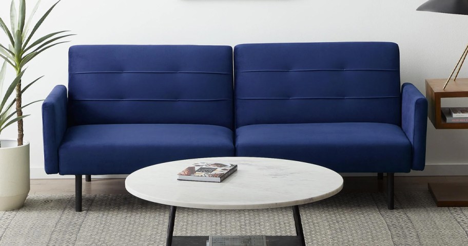 navy blue sofa in living room 