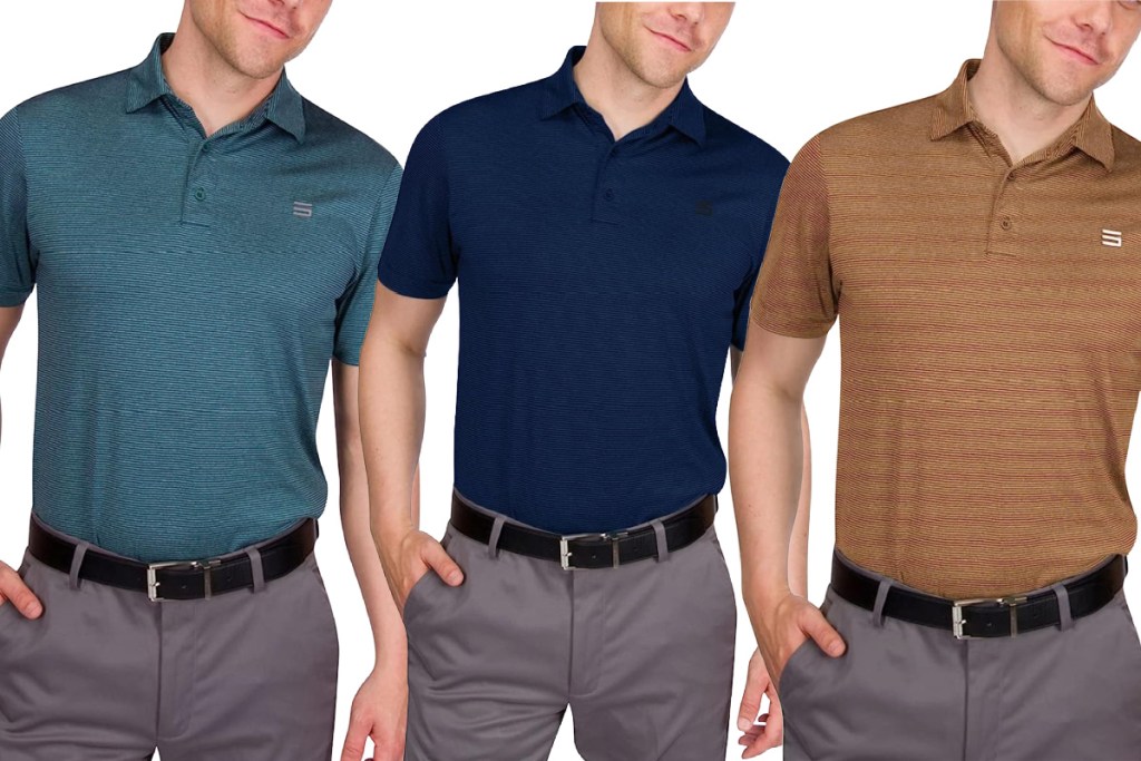 teal navy and brown polo shirts