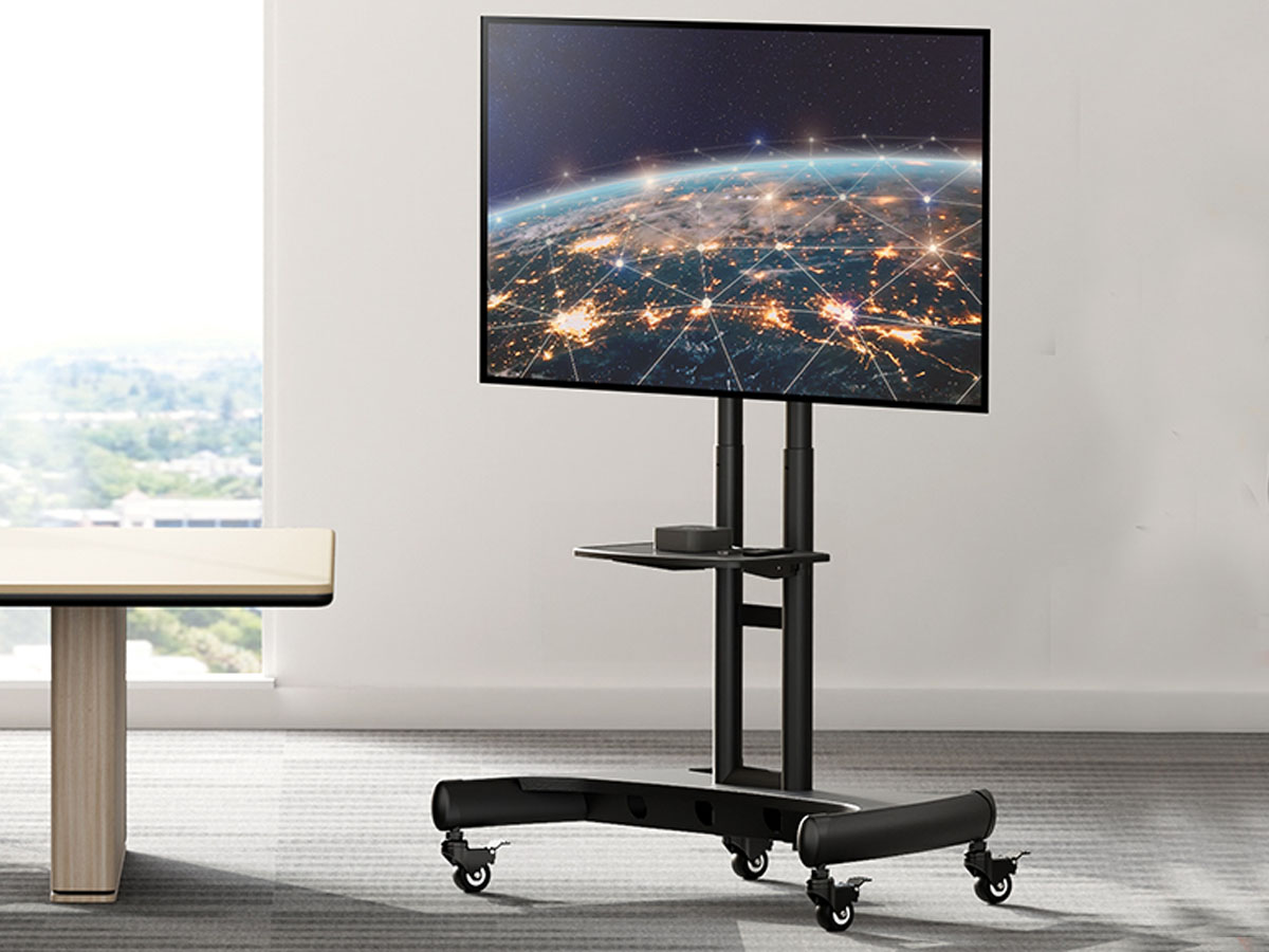 rolling mobile cart with tv stand with tv on it in office