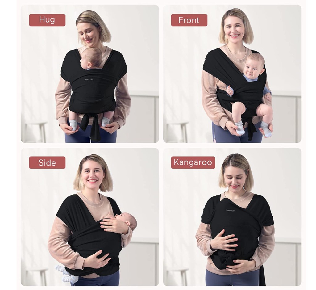 mom wearing baby wrap in four different ways