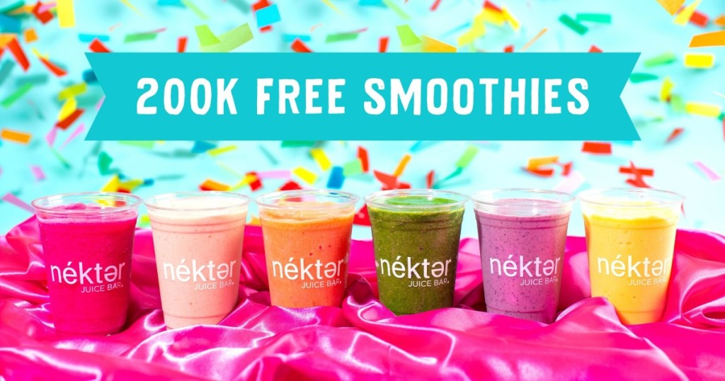 graphic showing 6 smoothies on blue background with confetti