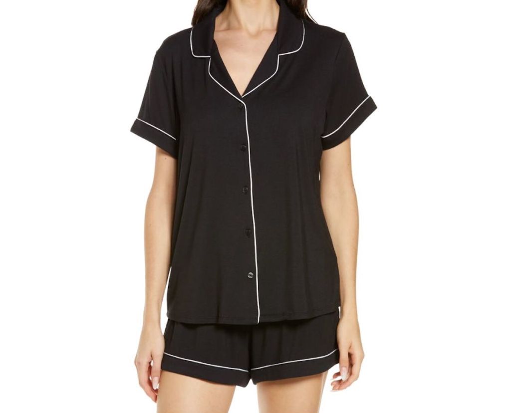 stock photo of woman wearing black pajama set