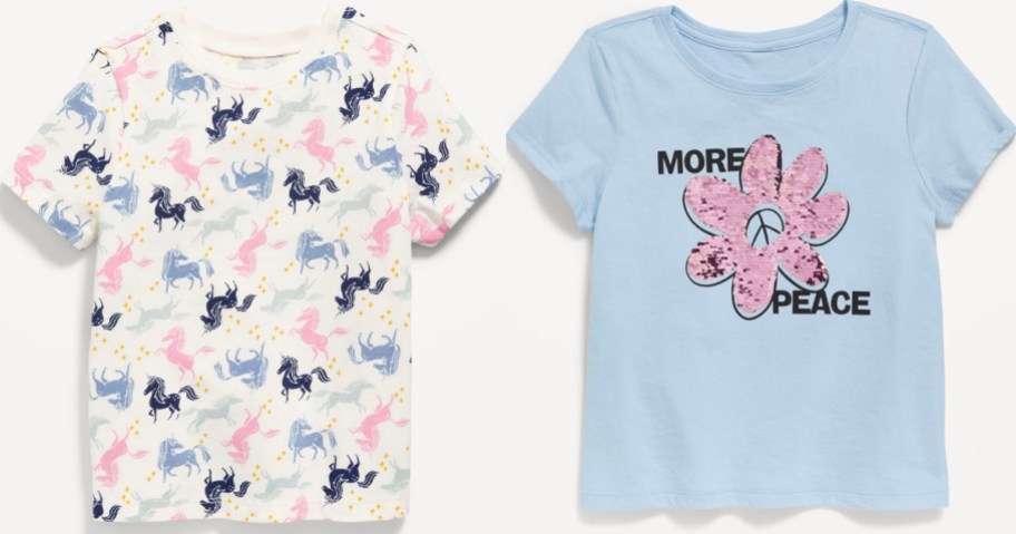 white tee with unicorns and flower blue tee for girls 