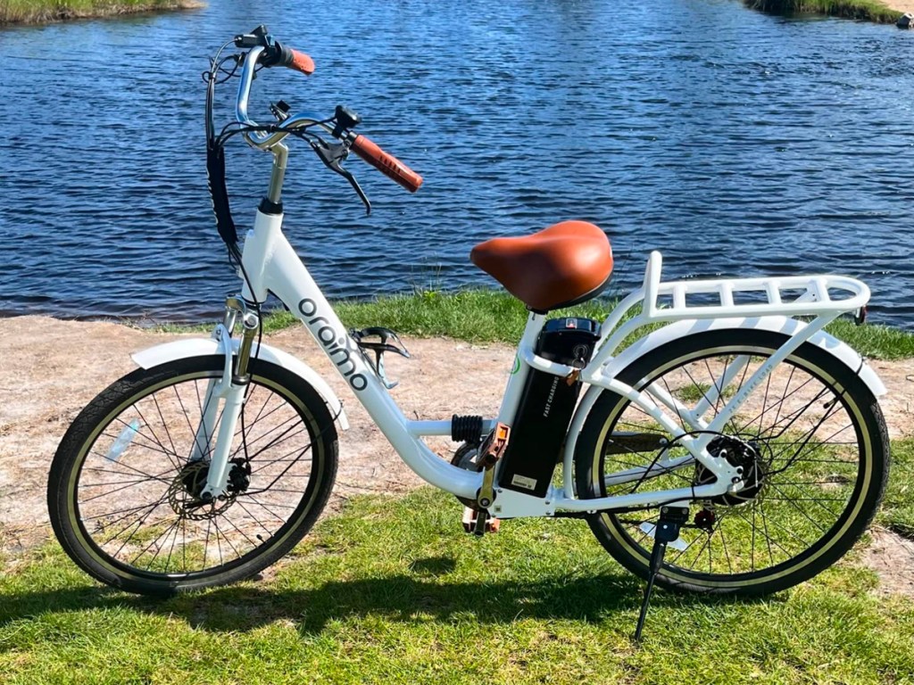 دراجة كهربائية أوريمو بيضاء بجوار البركة