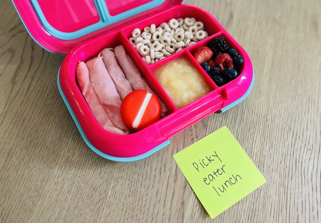 close up of pink lunch box organized with picky eater snacks