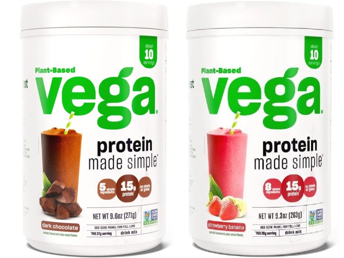 plant based Vega protein in chocolate and strawberry banana