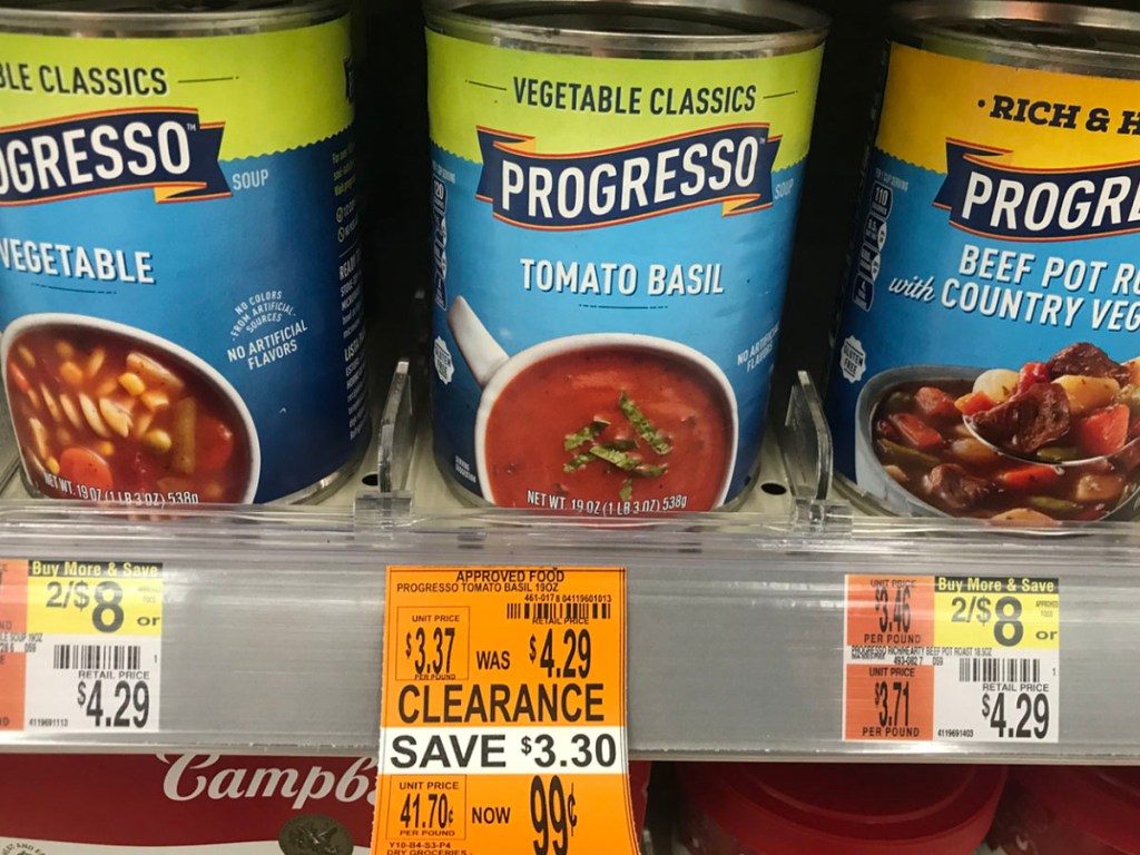 progresso tomato basil soup cans on shelf