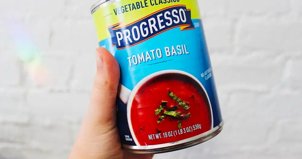hand holding progresso soup
