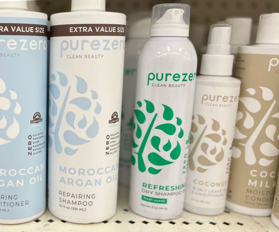 bottles of purezero hair care on a store shelf