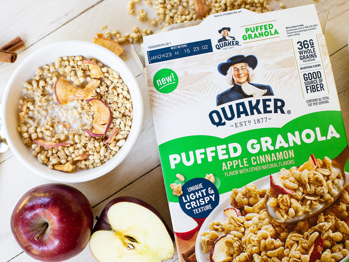 quaker puffed cereal box next to bowl
