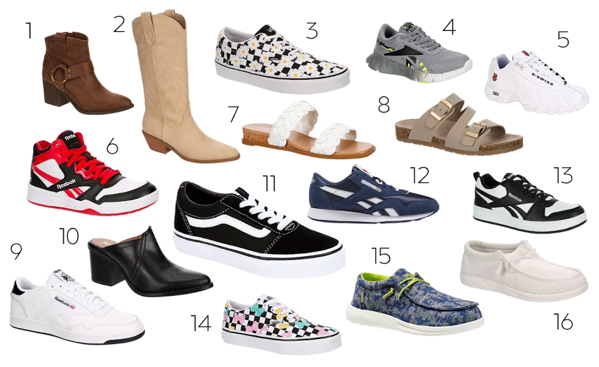 collage of various types of shoes with numbers