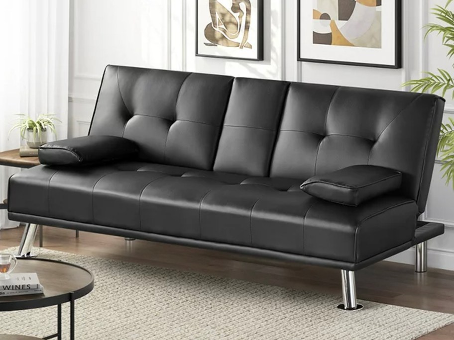 dark black leather sofa in living room 
