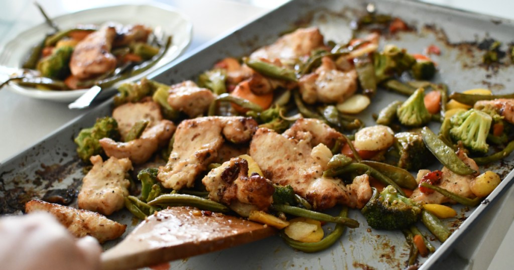 sheet pan meal using costco chicken and veggies