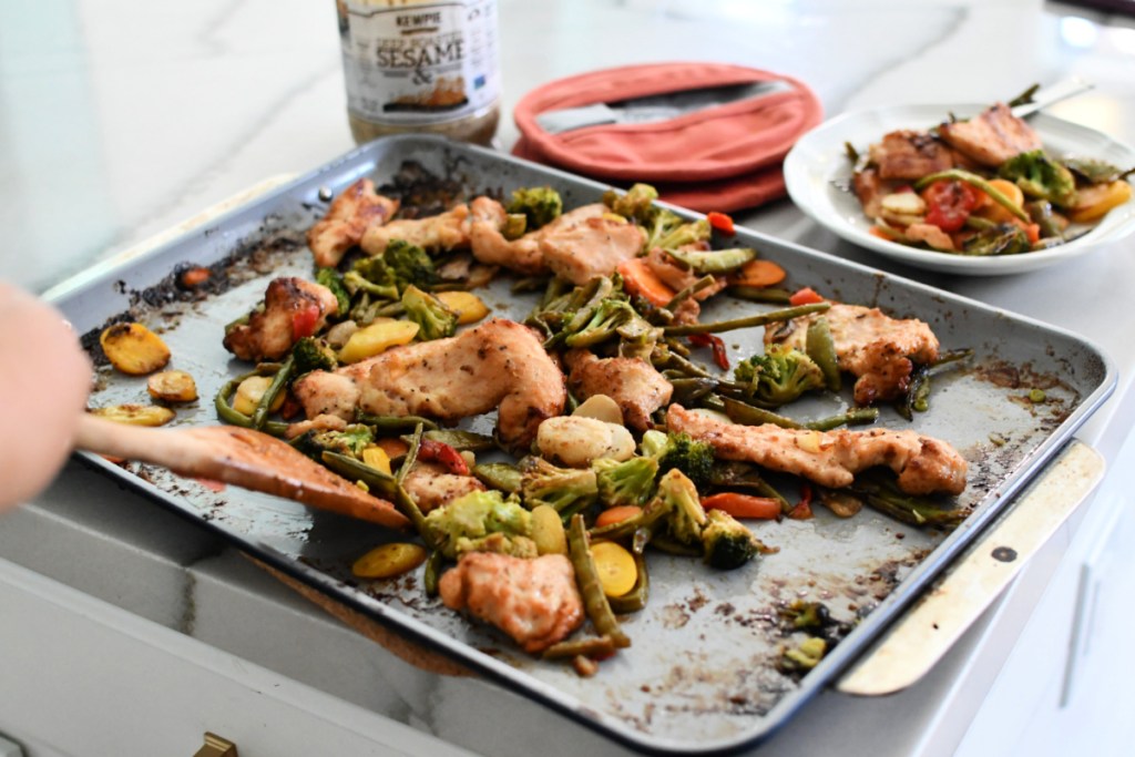 easy sheet pan meal with frozen veggies and chicken tenders