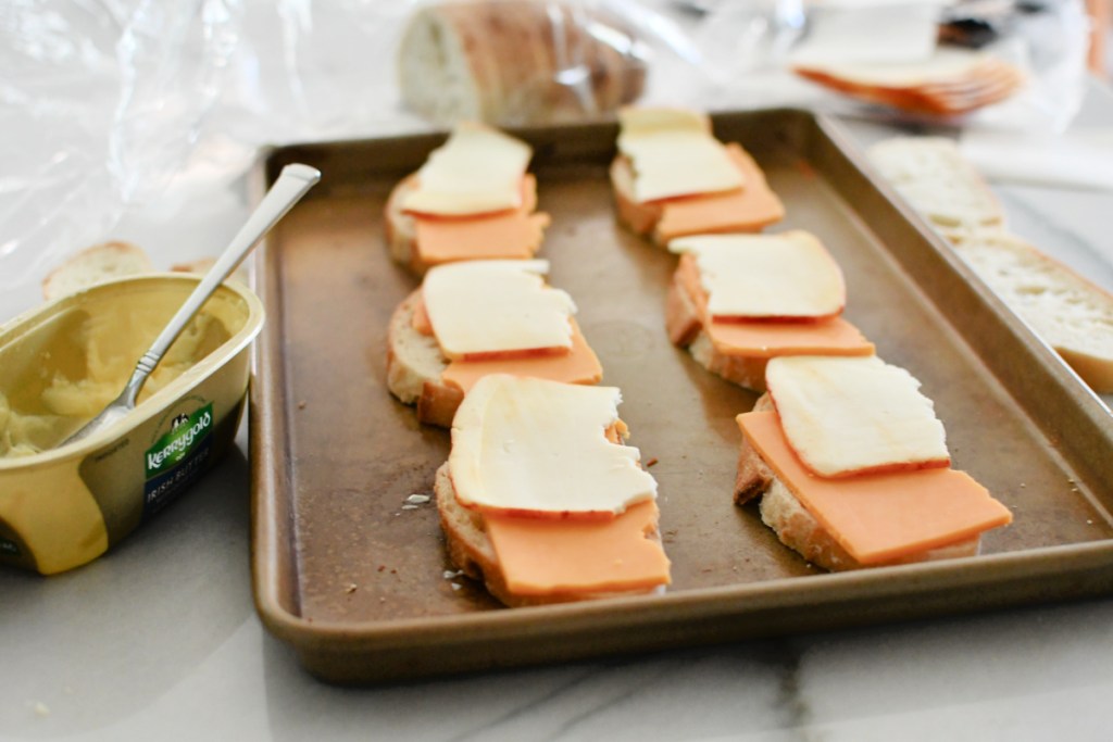 sheet pan with bread and cheese