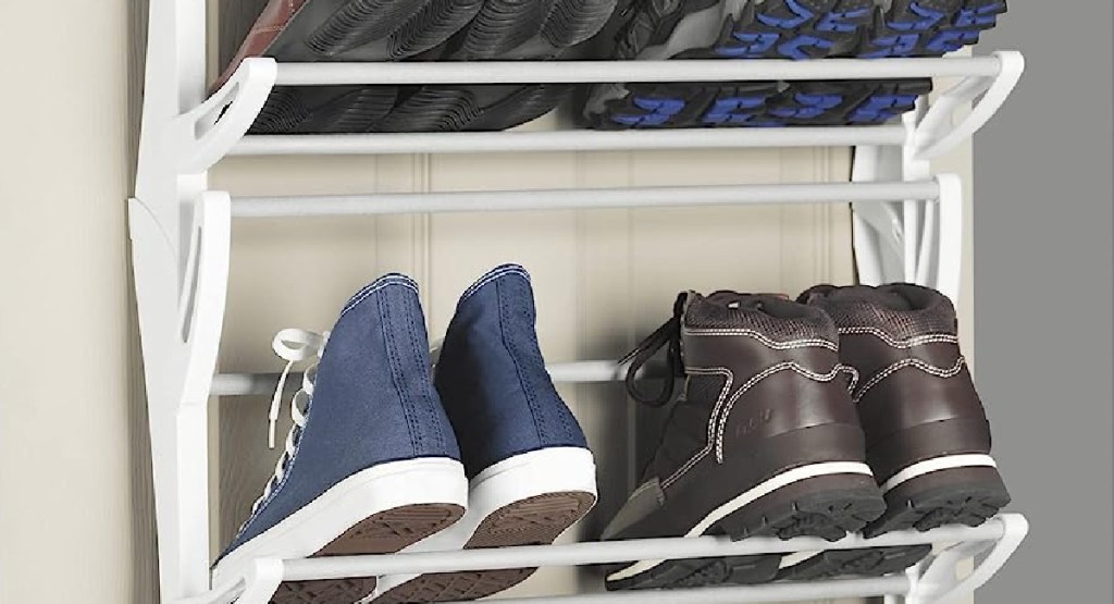 shoe rack with shoes displayed on it