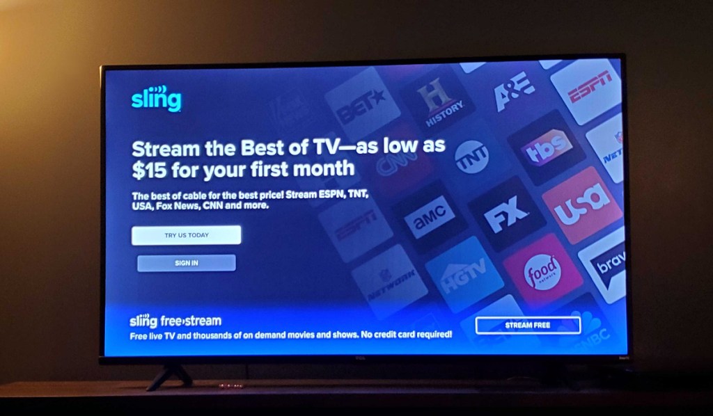 slingtv service displayed on a television screen