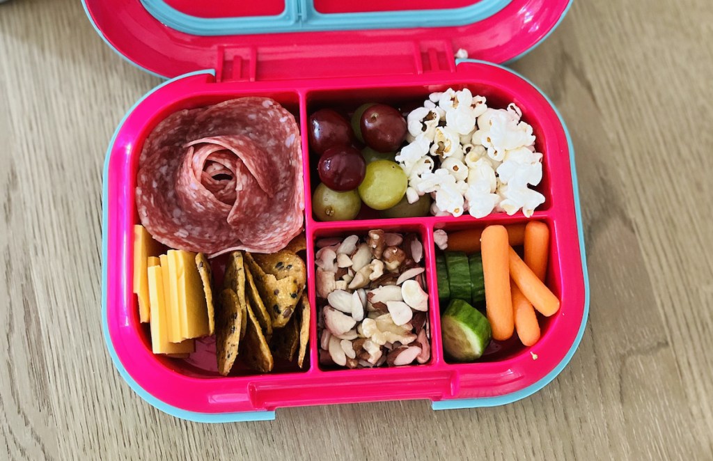 close up of organized lunch with various snacks