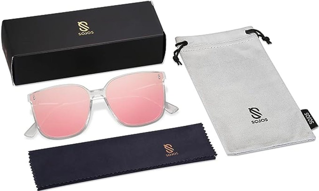 pink sojos sunglasses with case and cleaner